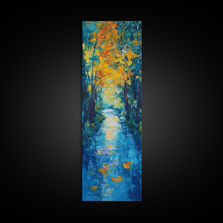 Autumn Reflection, fall painting, birch tree art, mountain painting, rustic wall art, panoramic art, Framed Canvas Print