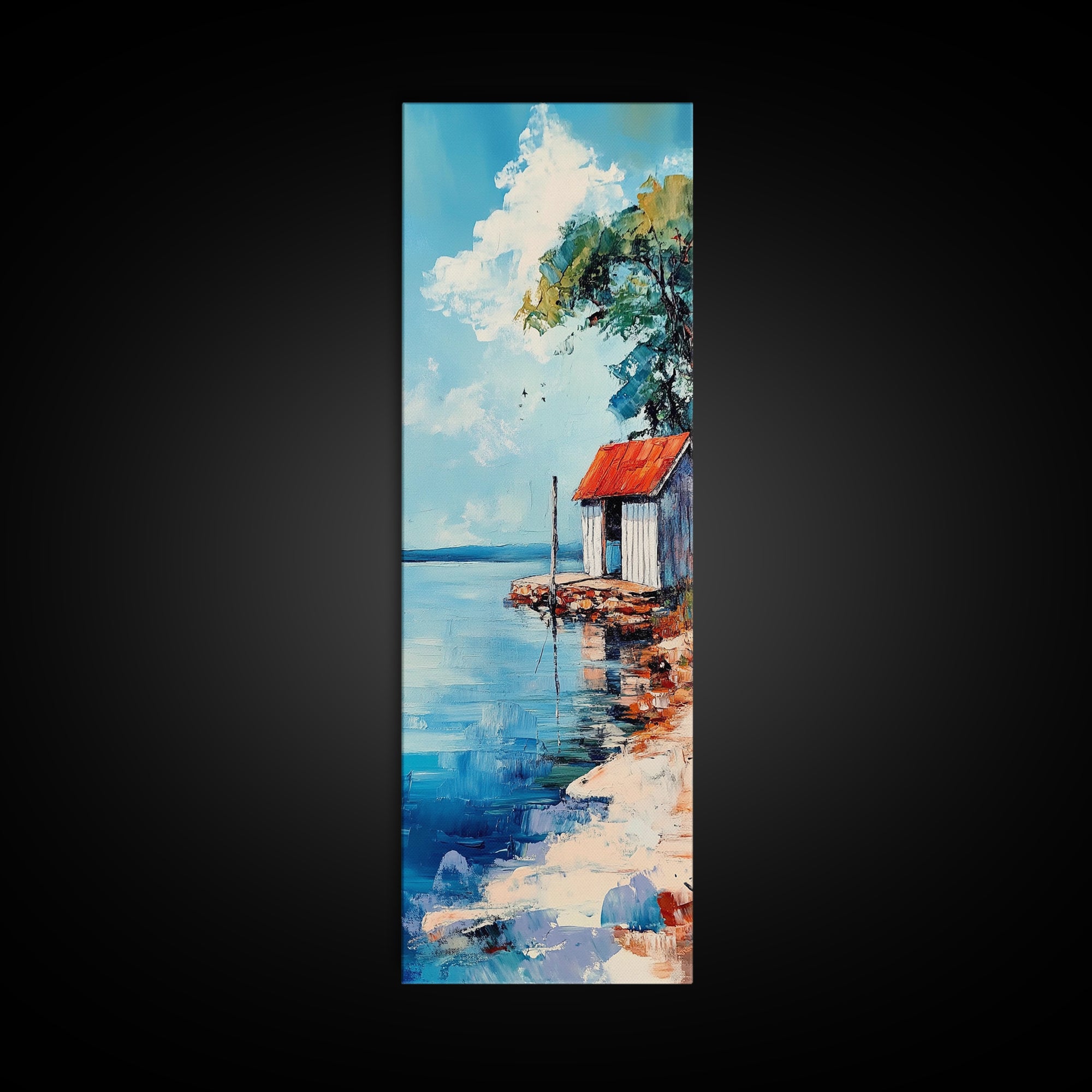 Lakeside Cabin, coastal landscape art, nautical decor, rustic art, beach house wall art, above bed wall art, Framed Canvas Print