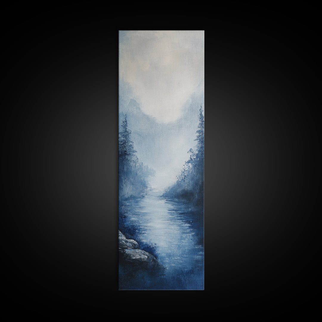 Misty Mountains, smoky mountain art, moody art, panoramic painting, vertical wall art, rustic decor, Canvas Print
