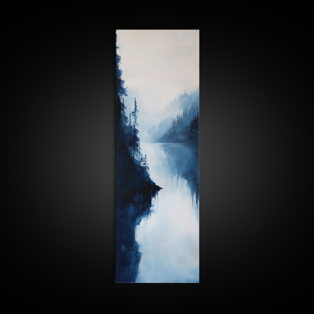 Misty Lake, pine tree art, moody art, mountain painting, wabi sabi art, blue and green wall art, Framed Canvas Print, rustic wall art