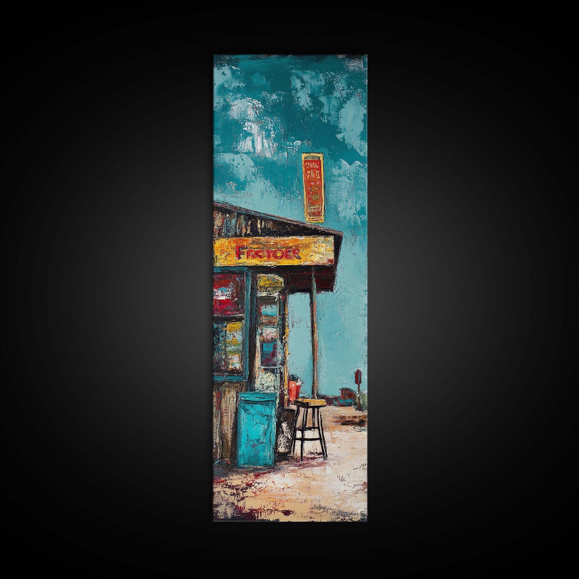 Rustic Gas Station, chicano art, guest check wall art, graffiti wall art, vintage folk art, Framed Canvas Print, tall skinny art