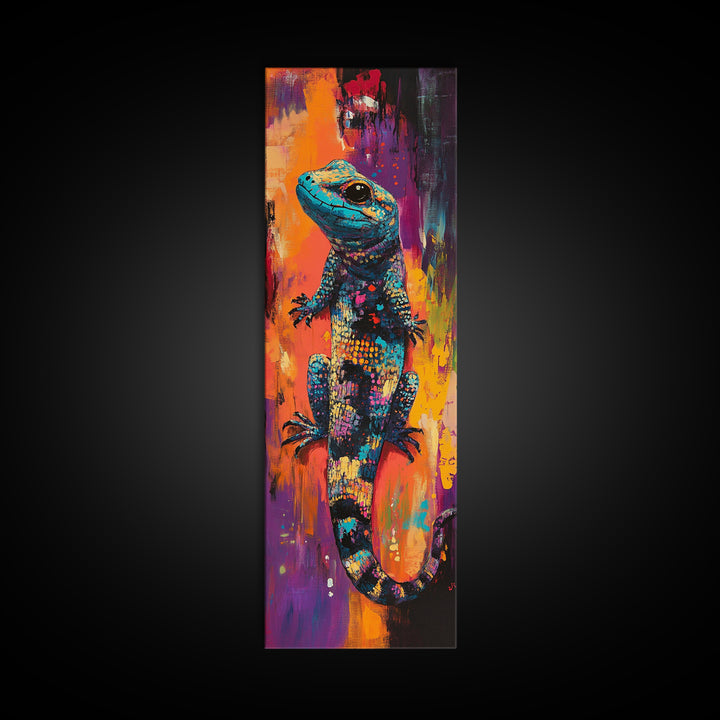 Colorful Lizard, whimsical art, chicano art, boho art, blotter art, psychedelic painting, extra wide art, Framed Canvas Print