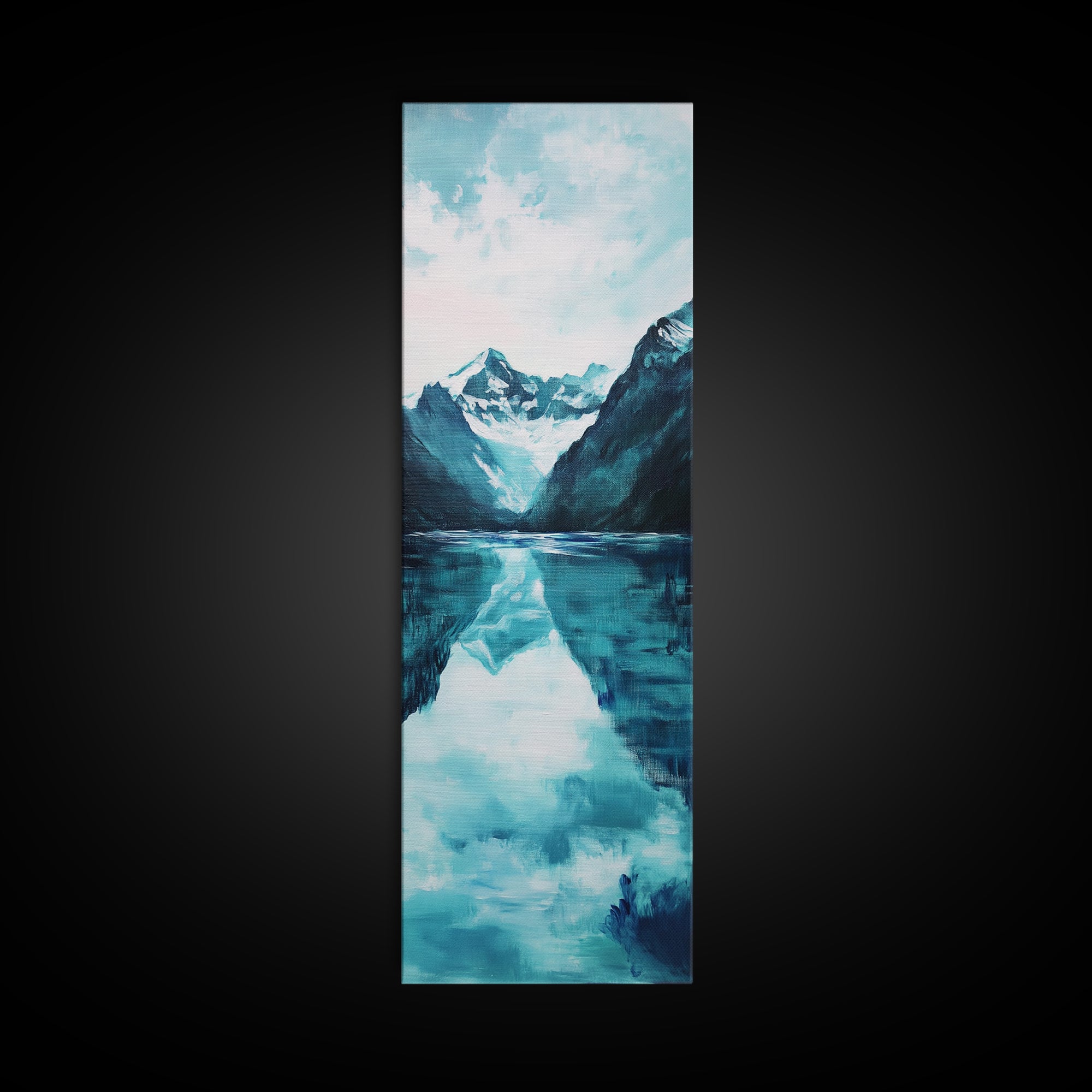 Glacier Lake, mountain painting, blue and green wall art, smoky mountain art, minimalist art, vertical wall art, Canvas Print