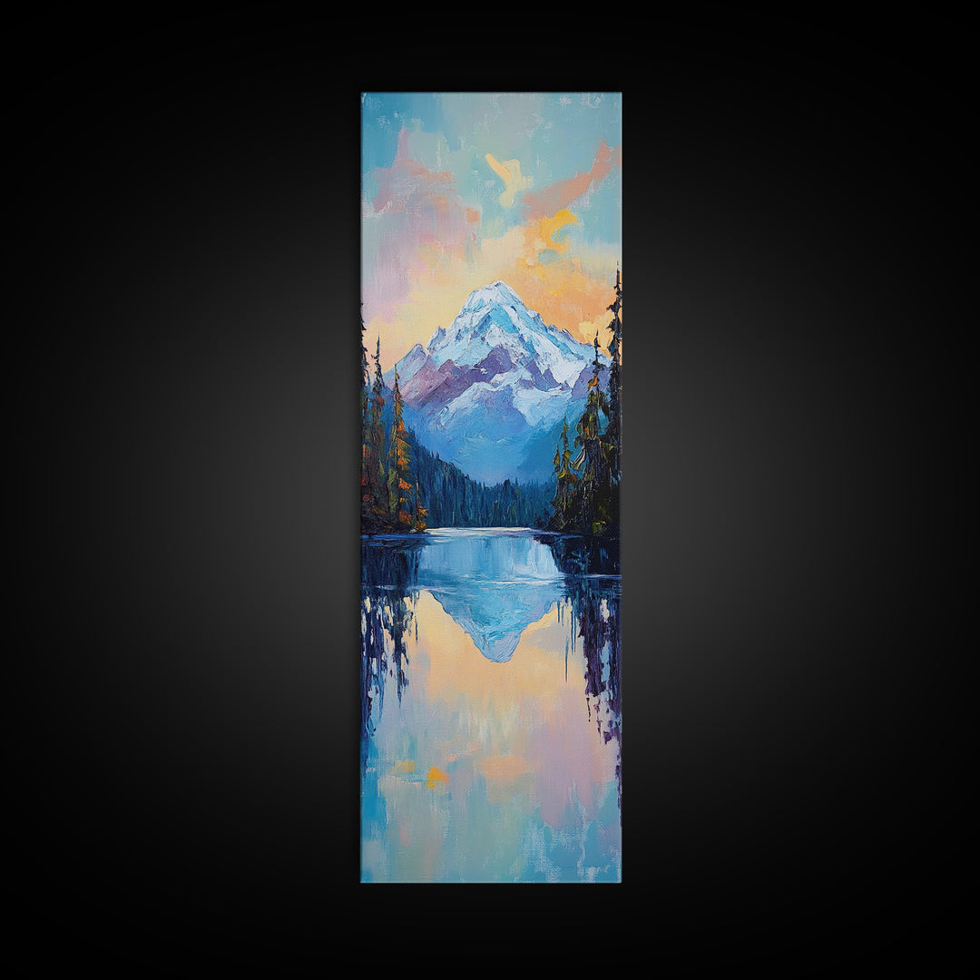 Sunset Mountain, lake Tahoe art, pine tree art, mountain painting, rustic wall art, above couch art, Framed Canvas Print