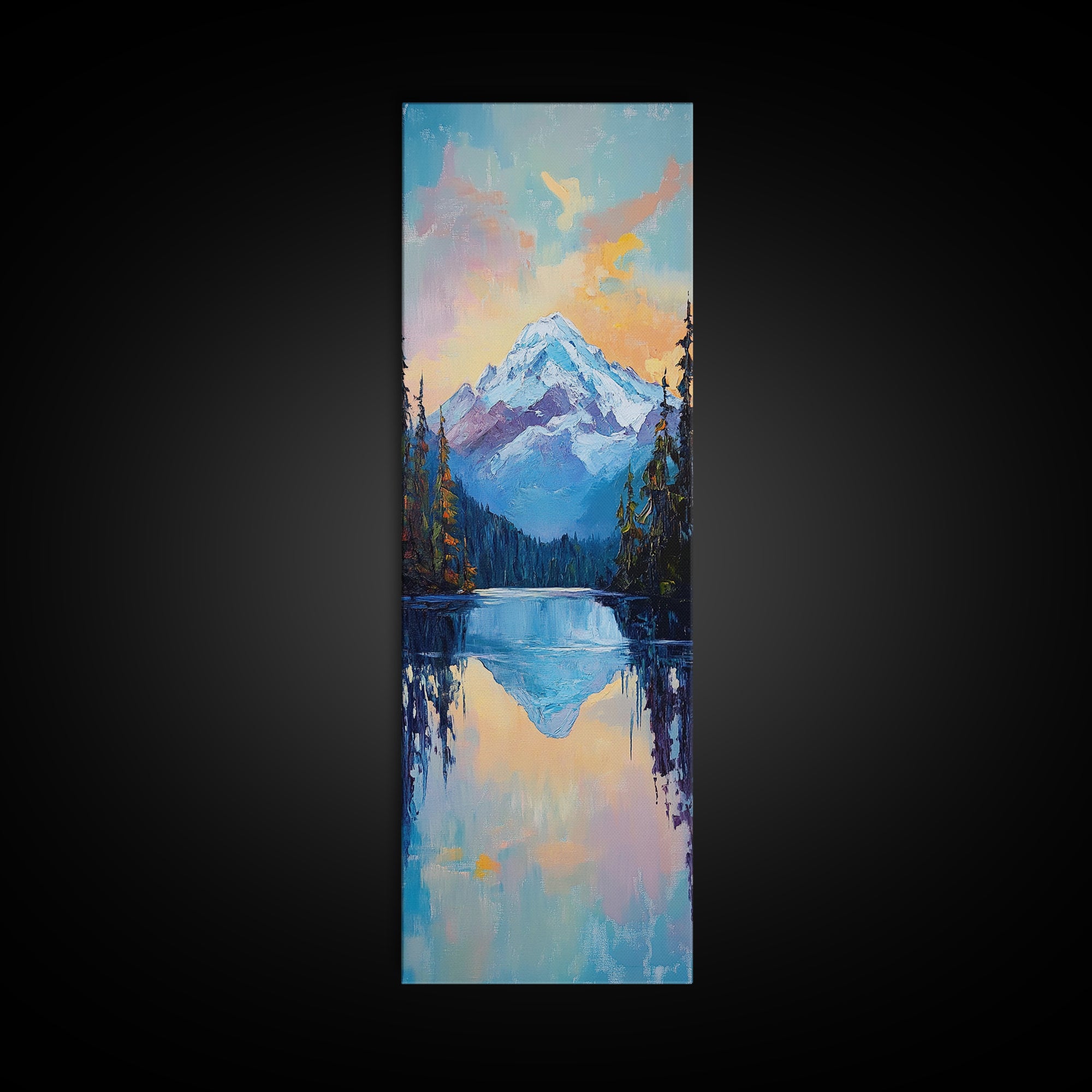 Sunset Mountain, lake Tahoe art, pine tree art, mountain painting, rustic wall art, above couch art, Framed Canvas Print
