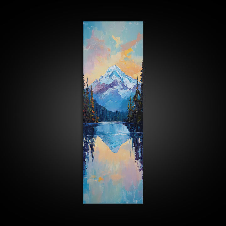 Sunset Mountain, lake Tahoe art, pine tree art, mountain painting, rustic wall art, above couch art, Framed Canvas Print