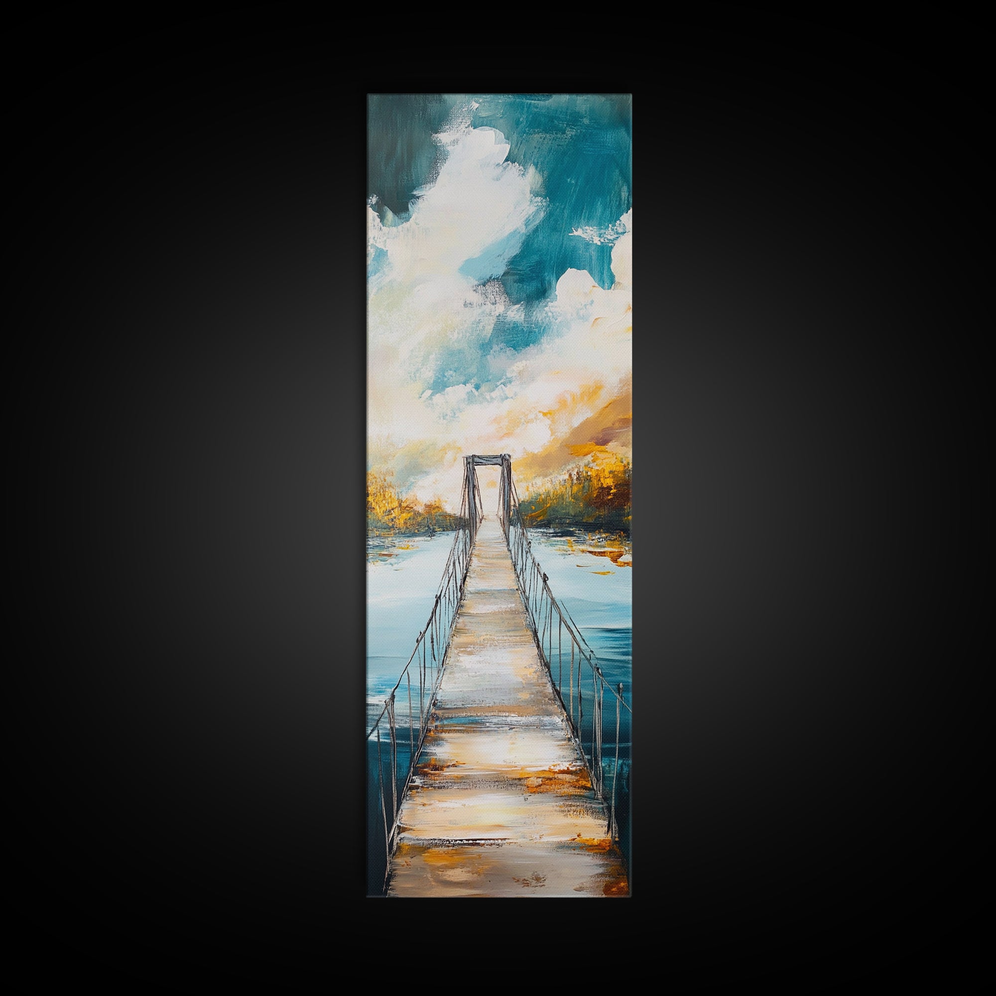 Bridge Over Water, rustic decor, wabi sabi art, boho art, tall skinny art, extra wide art, Framed Canvas Print, farmhouse art