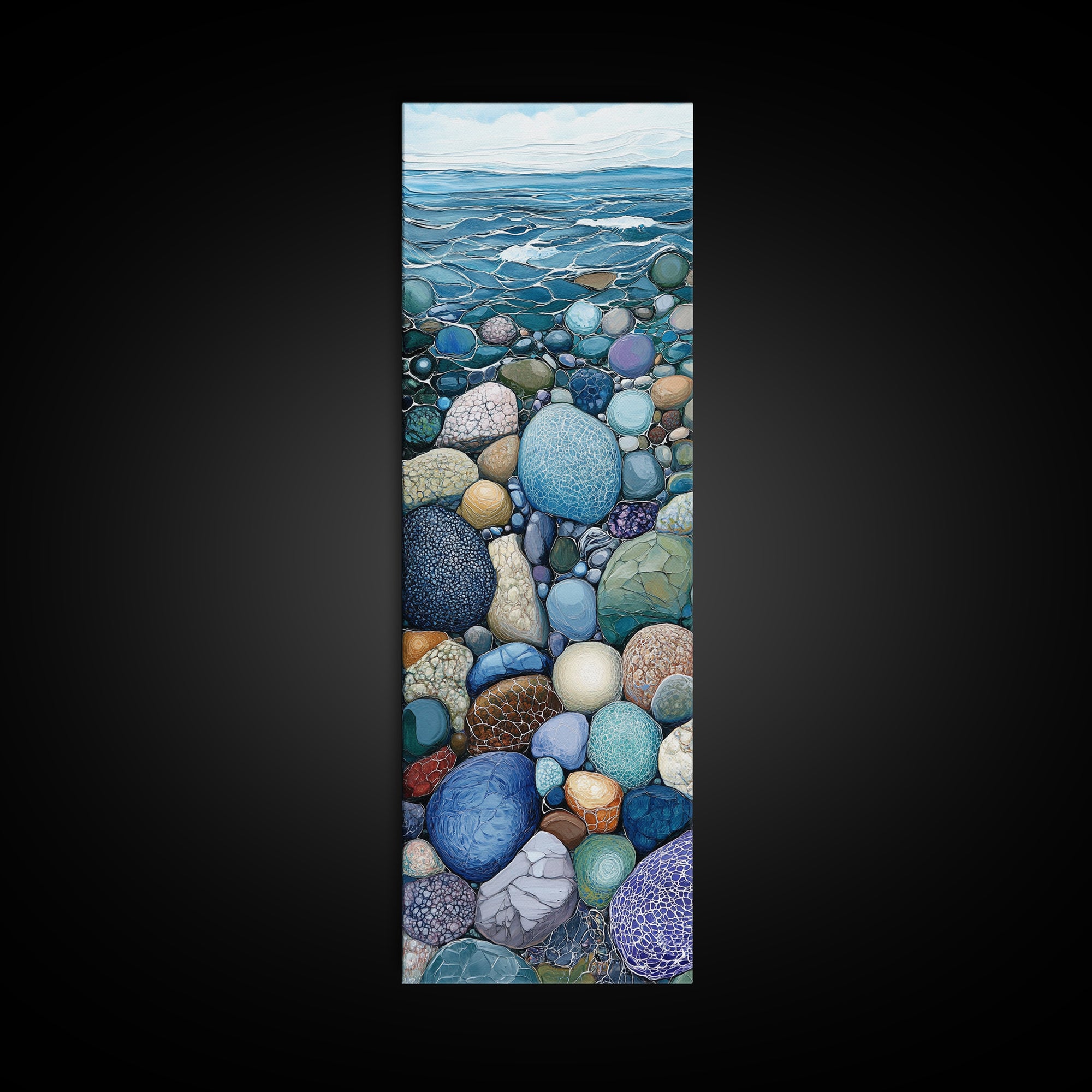 Pebble Beach, mosaic wall art, coastal decor, nautical painting, blue and green wall art, extra wide art, Canvas Print, above sofa art