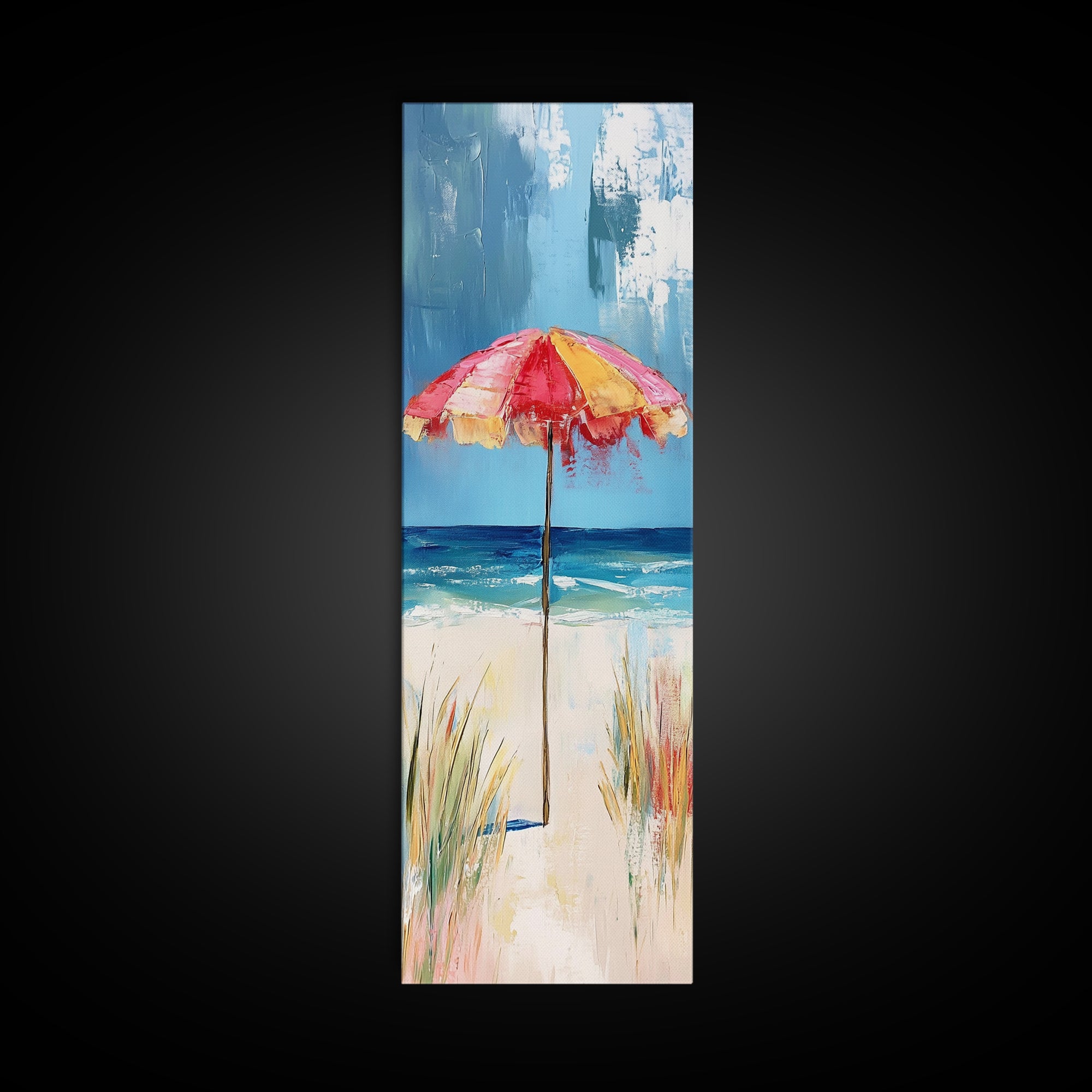 Beach Umbrella, Ocean Breeze, Coastal Decor, Surf Wall Art, Nautical Painting, Coastal Wall Art, Framed Canvas Print, Tall Skinny Art