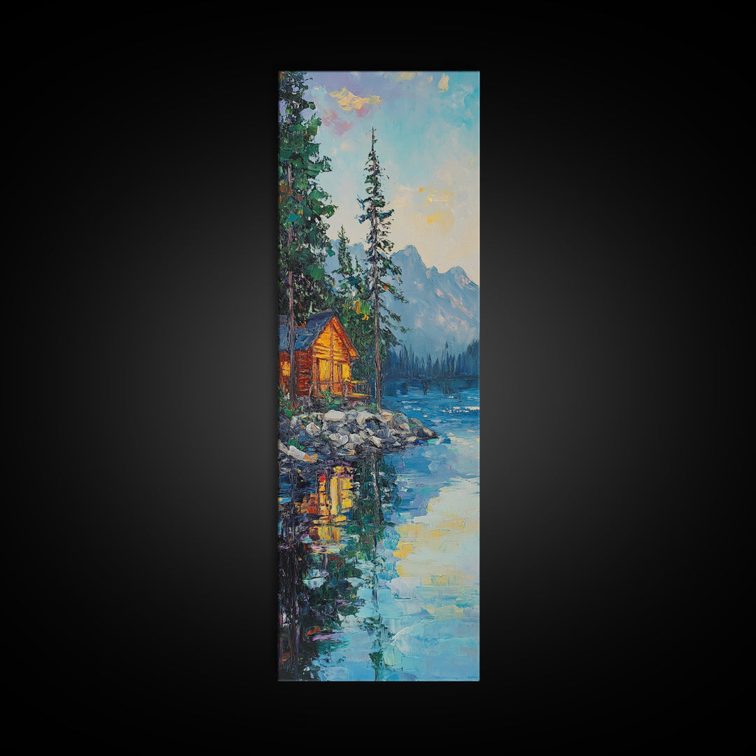 Cabin Retreat, Lake Tahoe Art, Rustic Landscape, Mountain Painting, Pine Tree Art, Framed Canvas Print
