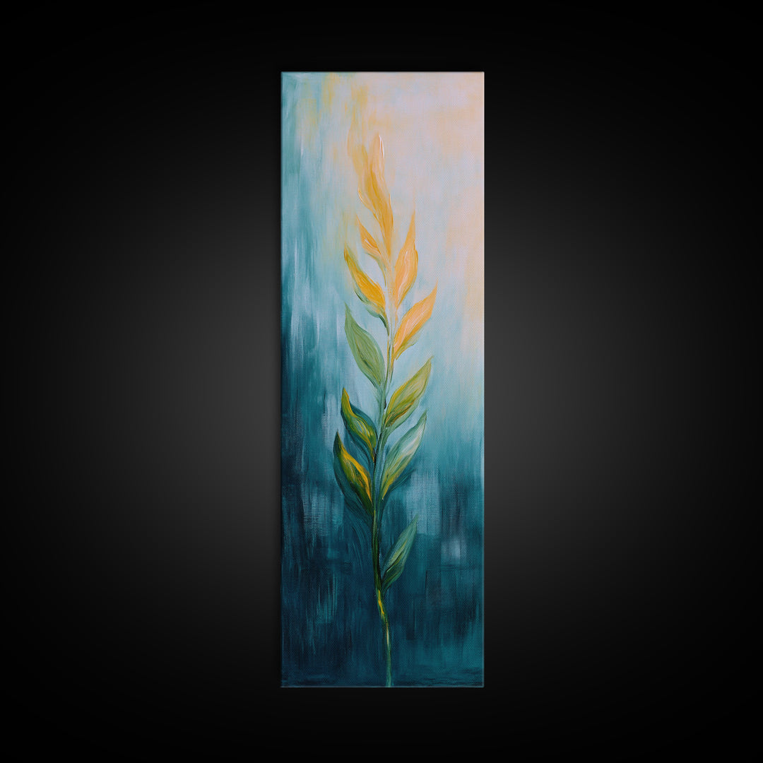 Botanical, teal and gold, minimalist art, wabi sabi art, vertical wall art, framed canvas print, modern decor, bedroom art