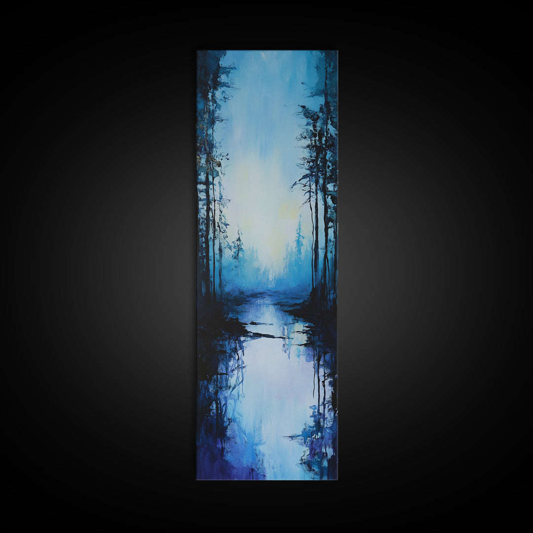 Misty Lake, Dark Forest, Moody Art, Landscape Painting, Minimalist Art, Blue and Green Wall Art, Framed Canvas Print, Vertical Wall Art