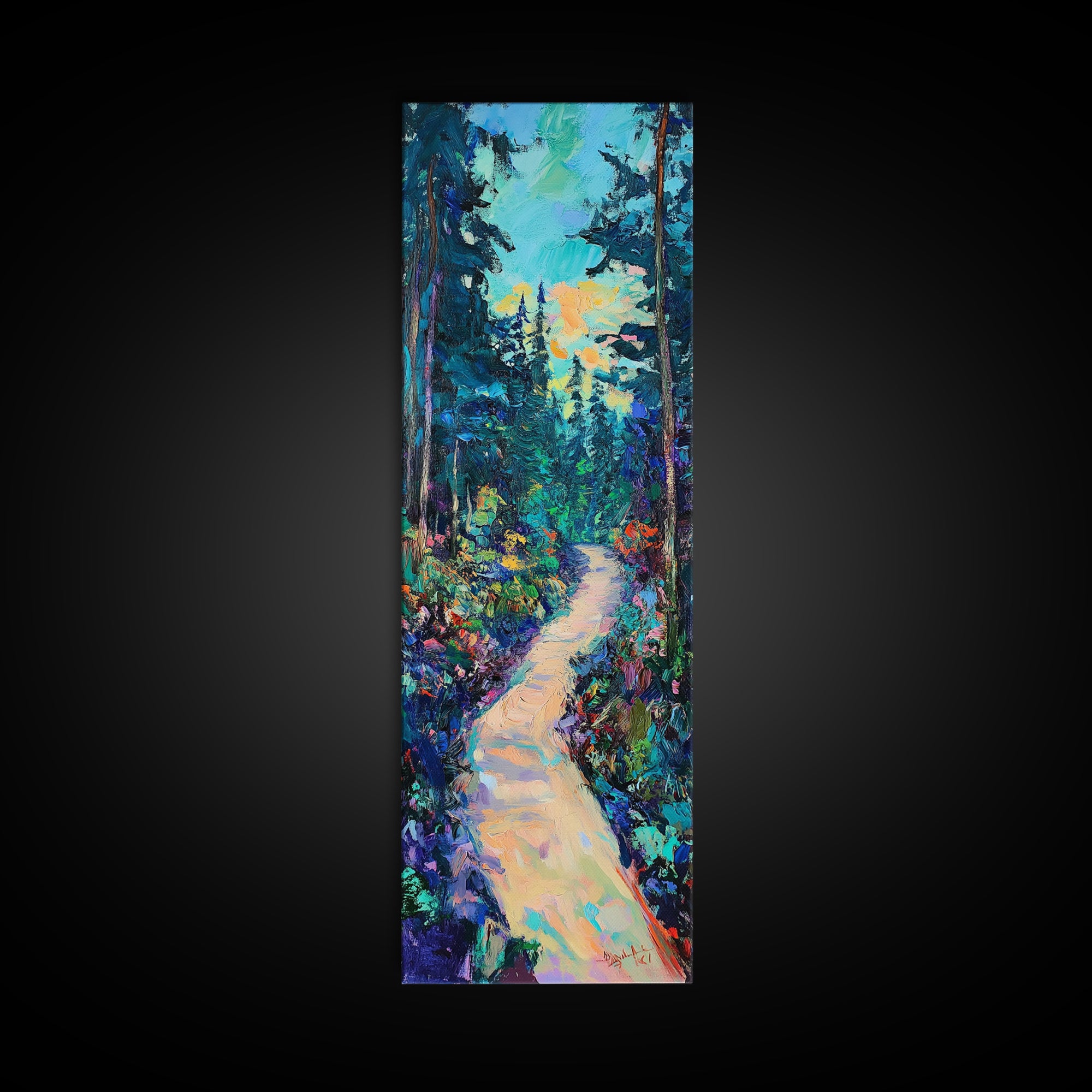 Abstract Forest Path, moody art, landscape painting, wildflower painting, pine tree art, framed canvas print, vertical wall art