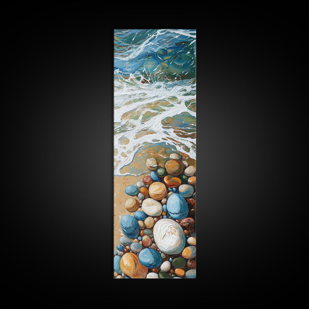 Pebble Beach Art, coastal painting, framed canvas print, beach house decor, nautical wall art, blue and green wall art