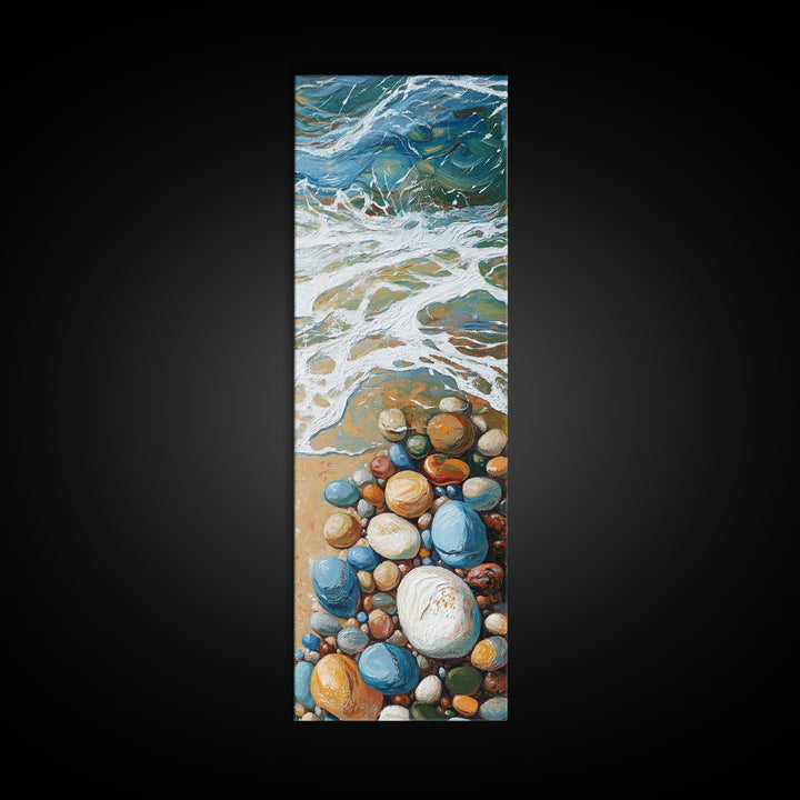 Pebble Beach Art, coastal painting, framed canvas print, beach house decor, nautical wall art, blue and green wall art