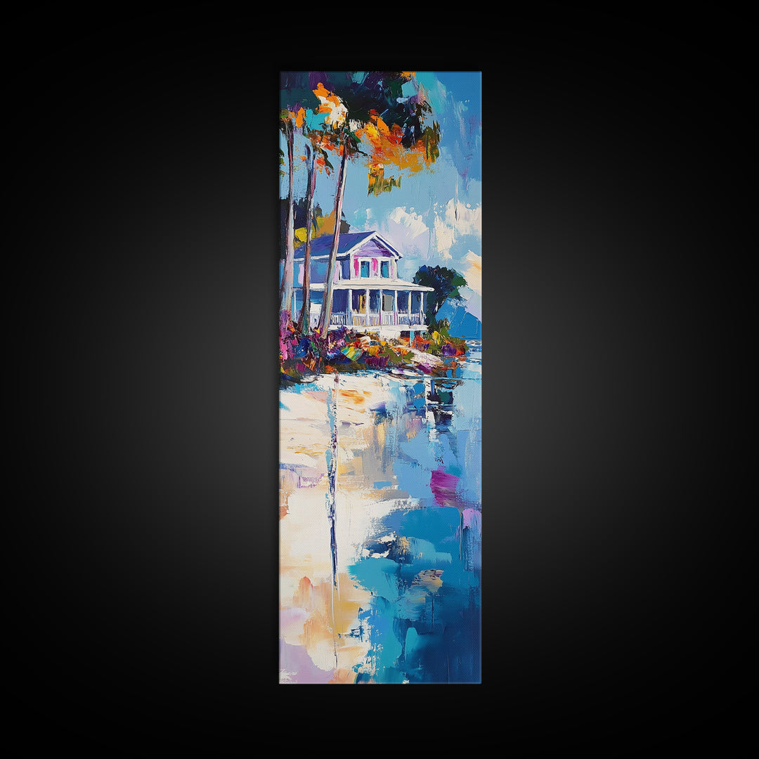 Beach House, Coastal Painting, Vibrant Landscape, Nautical Wall Art, Living Room Art, Above Bed Wall Art, Framed Canvas Print