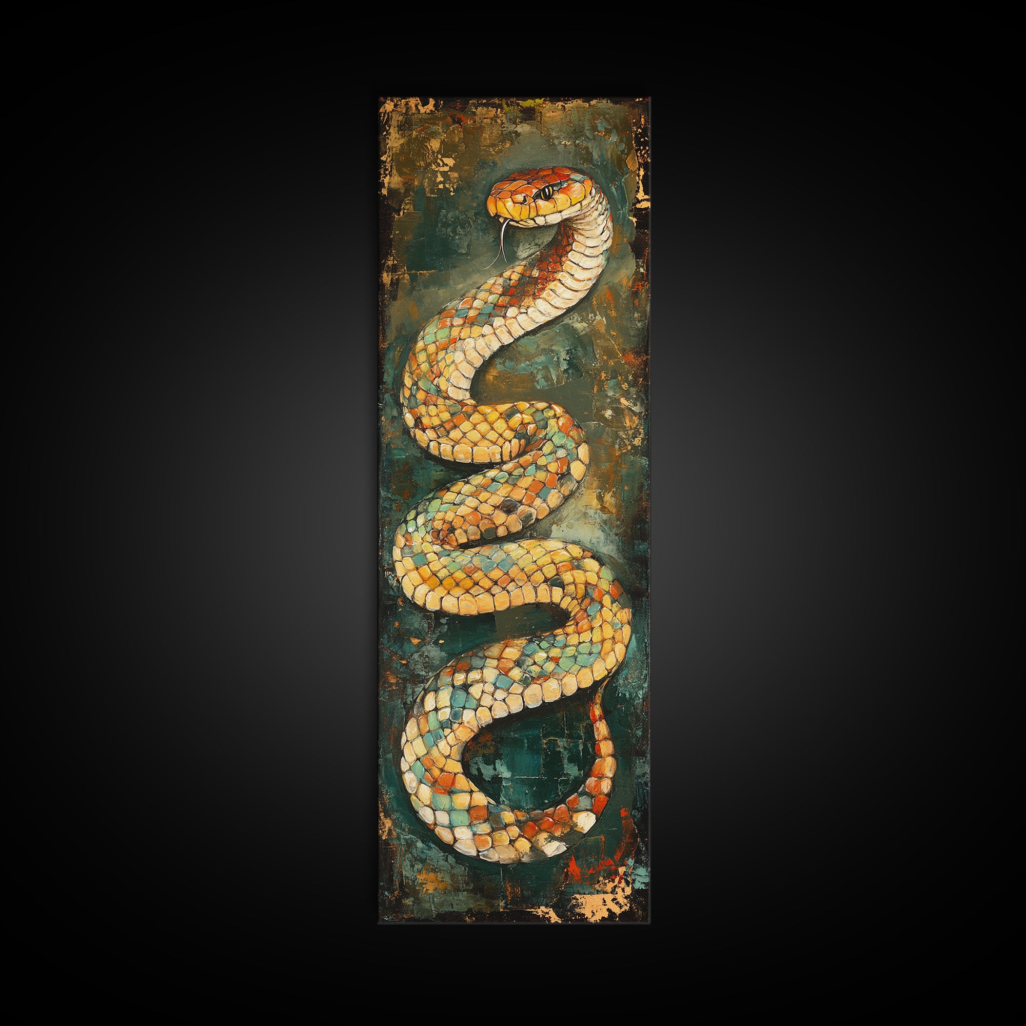 Coiled Snake, Wildlife Painting, Moody Art, Rustic Decor, Extra Wide Art, Above Sofa Art, Living Room Art, Framed Canvas Print