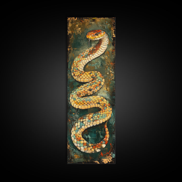 Coiled Snake, Wildlife Painting, Moody Art, Rustic Decor, Extra Wide Art, Above Sofa Art, Living Room Art, Framed Canvas Print