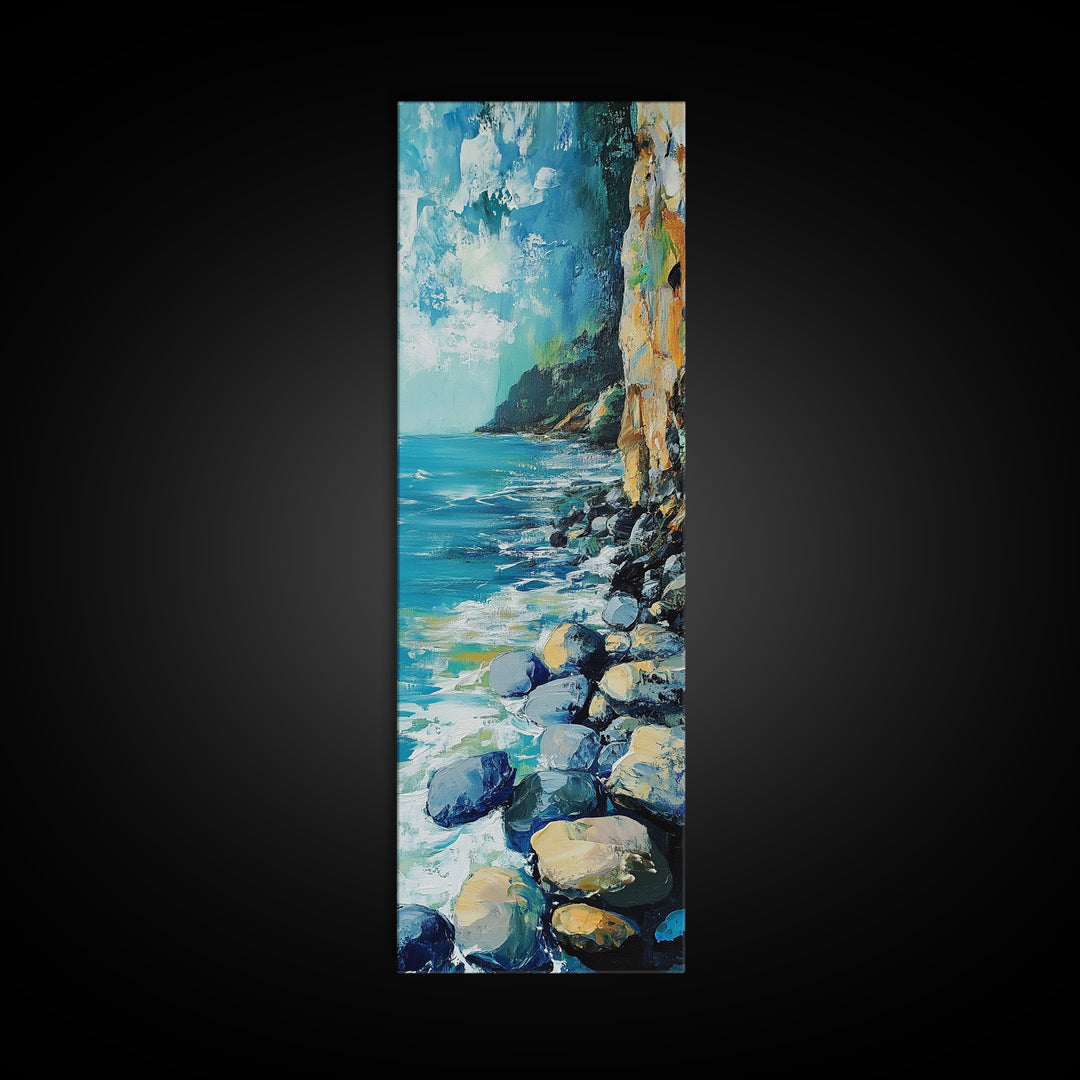 Rocky Shoreline, coastal landscape art, nautical decor, framed canvas print, lake Tahoe art, extra wide art, ocean painting