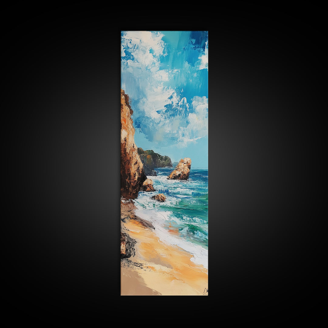 Coastal Beach, Ocean Waves, Rocky Shore, Framed Canvas Print, coastal decor, nautical wall art, seascape painting, rustic art