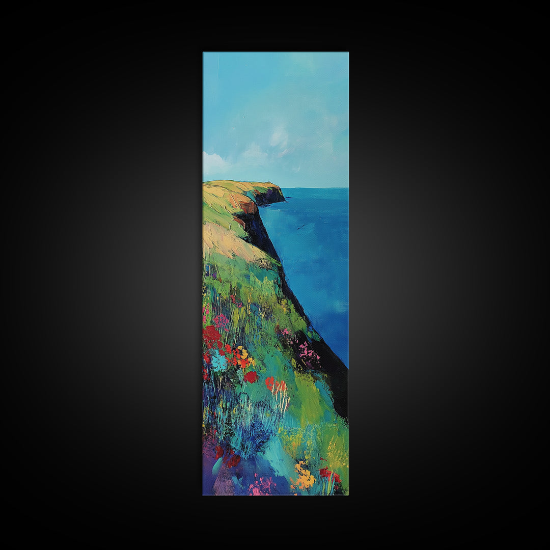 Coastal cliffs, Ireland painting, wildflower painting, landscape painting, framed canvas print, extra wide art