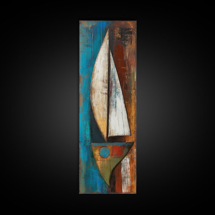 Abstract sailboat, nautical painting, long narrow wall art, framed canvas print, rustic art, extra wide art, blue and green wall art