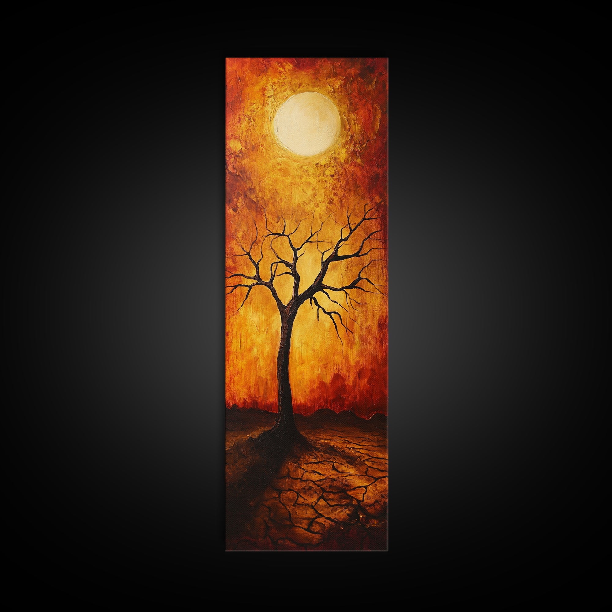 Sunset Tree, moody art, wabi sabi art, pine tree art, autumn painting, framed canvas print, dark romance painting
