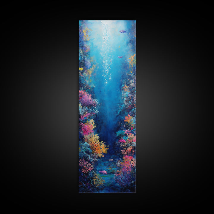 Deep Sea Coral, dolphin painting, ocean wall art, marine life art, framed canvas print, nautical decor, blue and green wall art