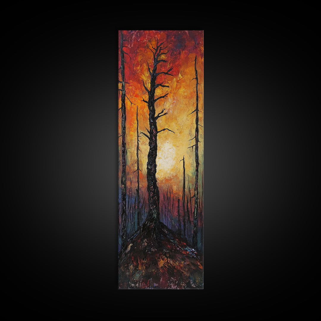 Burnt forest, pine tree art, moody wall art, forest at dusk painting, dark romance painting, autumn art, framed canvas print