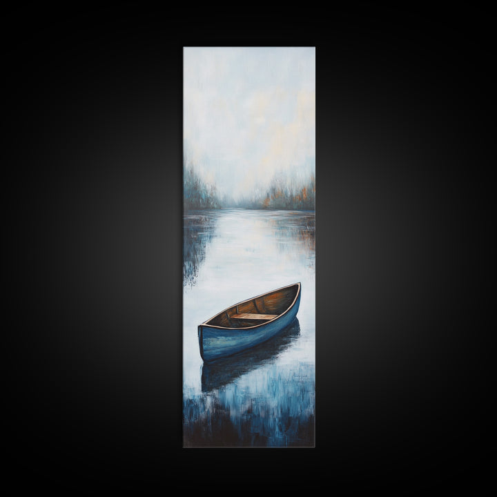 Blue Canoe on Lake, lake Tahoe art, nautical wall art, rustic decor, farmhouse art, framed canvas print, above sofa art