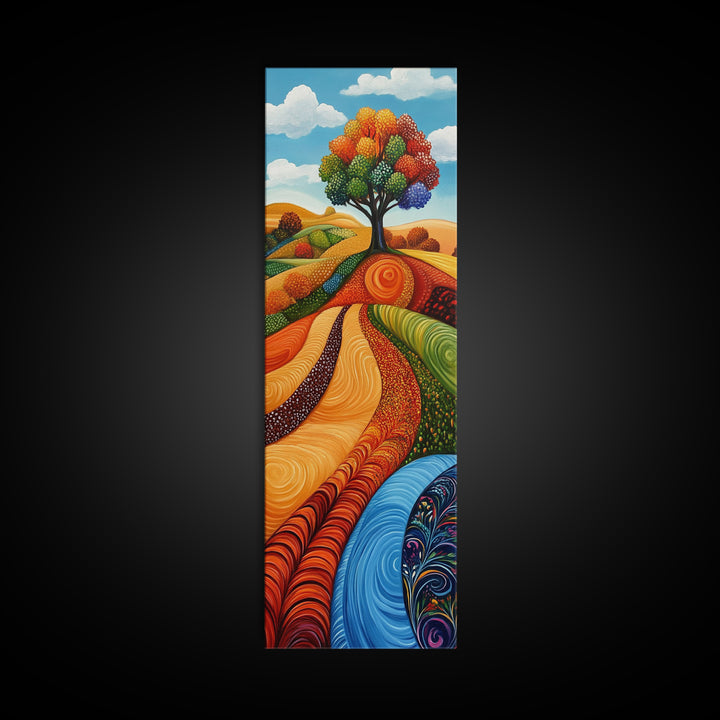 Colorful Fields, folk art, Russian folk art, pink orange wall art, bright and bold, framed canvas print, extra wide art