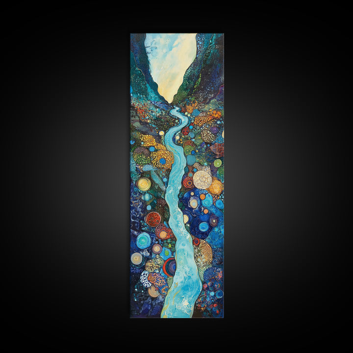 Abstract River, mosaic wall art, blue and green wall art, geometric wall art, whimsical art, framed canvas print, tall narrow art