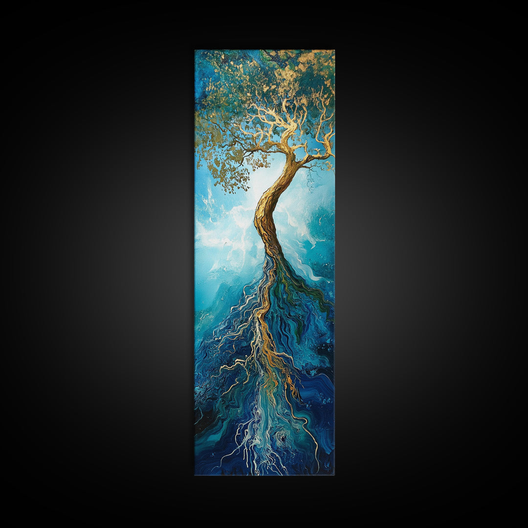 Rooted Tree, oak tree art, blue and green wall art, sacred geometry wall art, mystical art, framed canvas print, vertical wall art