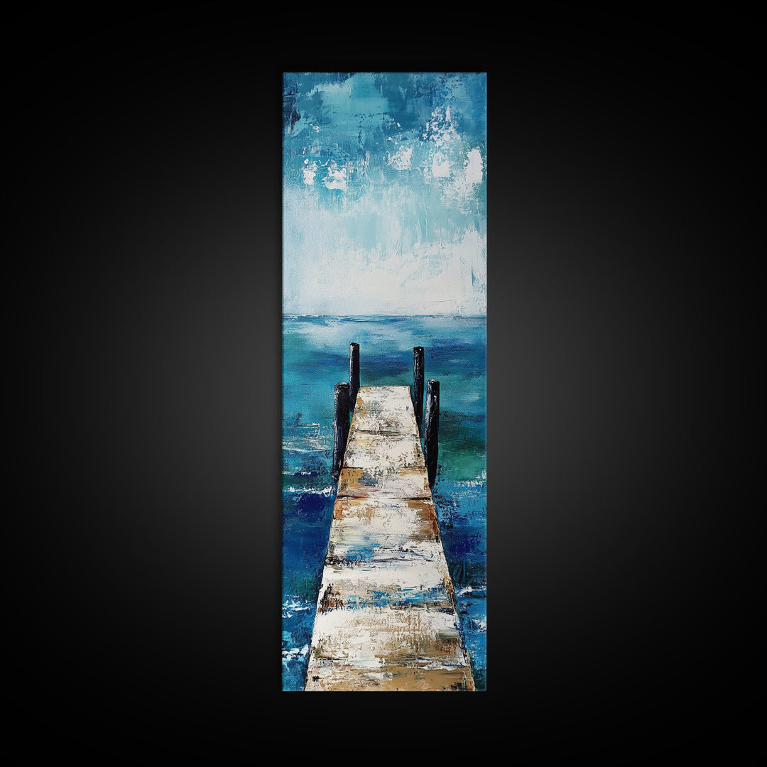 Dock on Water, Coastal Landscape Art, Nautical Wall Art, Seascape Painting, Rustic Decor, Tall Narrow Art, Canvas Print