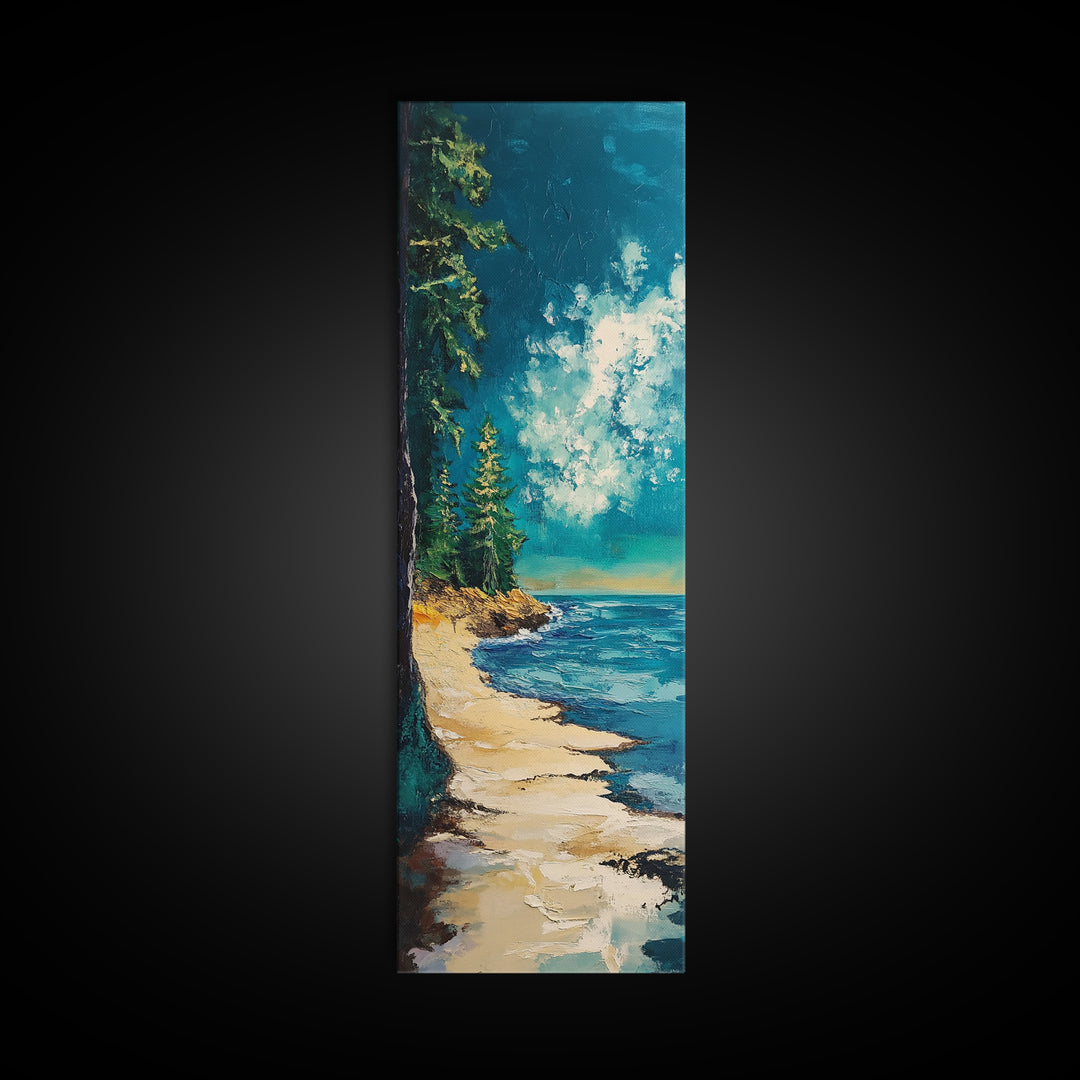 Pine Trees by the Lake, lake Tahoe art, coastal landscape art, pine tree art, nature lover gift, framed canvas print, vertical wall art