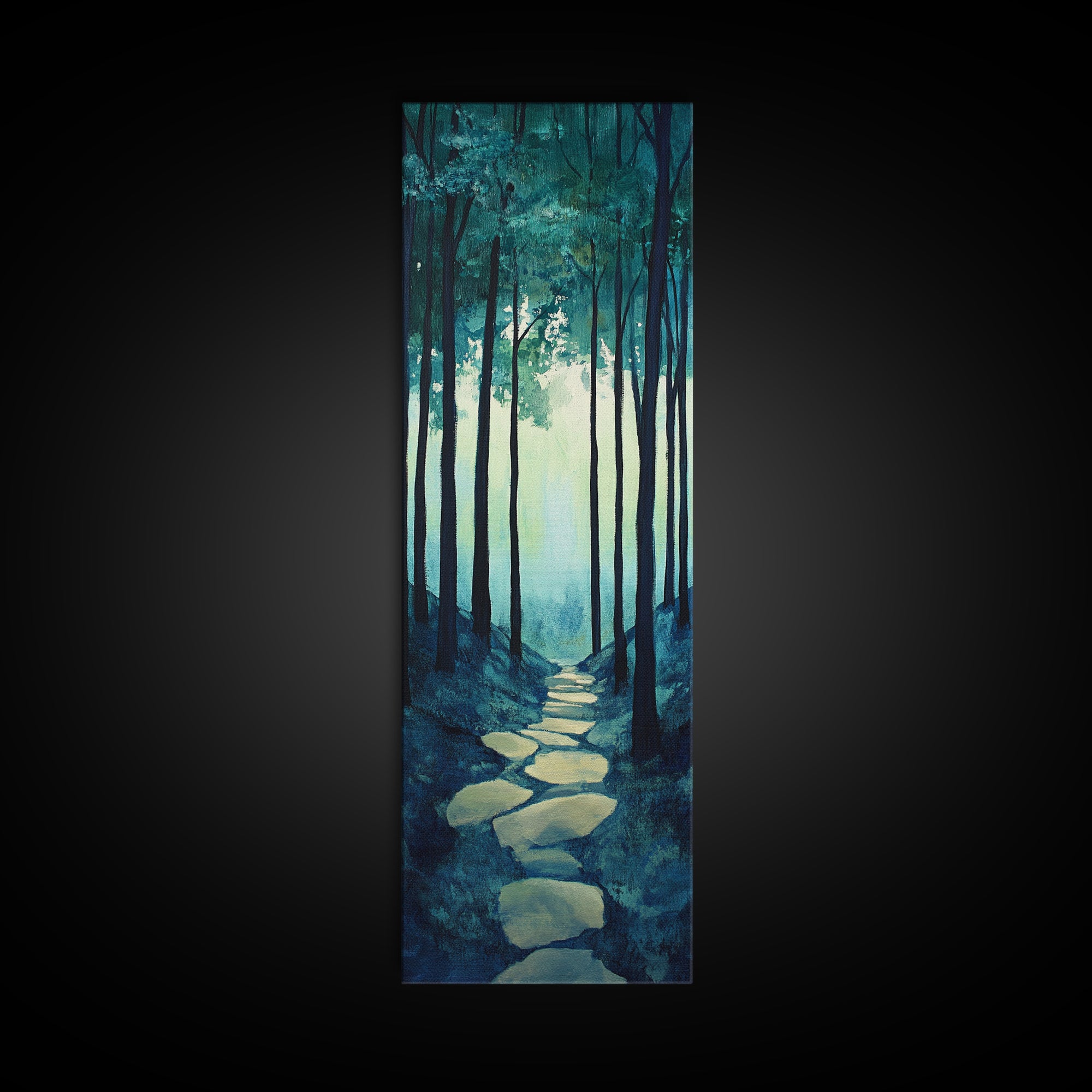 Forest Path, pine tree art, wabi sabi wall art, rustic decor, landscape painting, tall narrow art, green wall art, canvas print