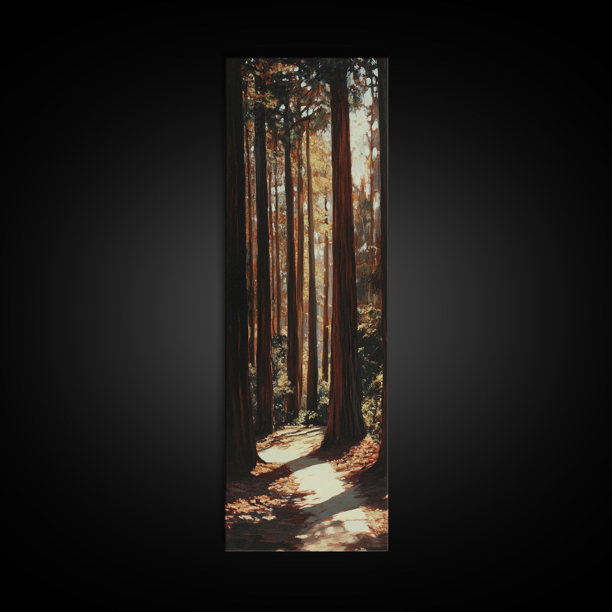 Redwood Forest, pine tree art, rustic decor, above sofa art, forest at dusk painting, wabi sabi art, tall skinny art, framed canvas print