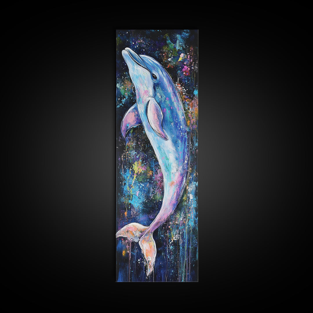 Cosmic dolphin, dolphin painting, ocean wall art, nautical painting, whimsical art, blue and green wall art, framed canvas print