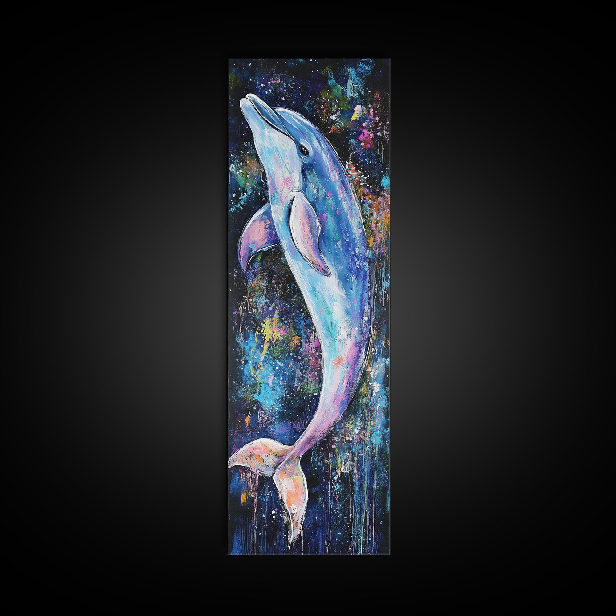 Cosmic dolphin, dolphin painting, ocean wall art, nautical painting, whimsical art, blue and green wall art, framed canvas print