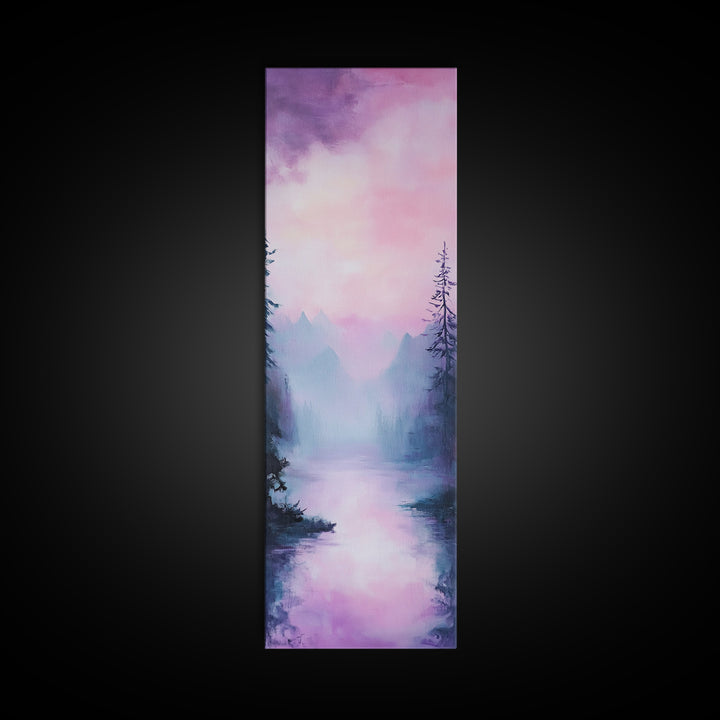 Misty Mountains, smoky mountain art, light pink wall art, framed canvas print, soft pastel art, pine tree art, above couch art