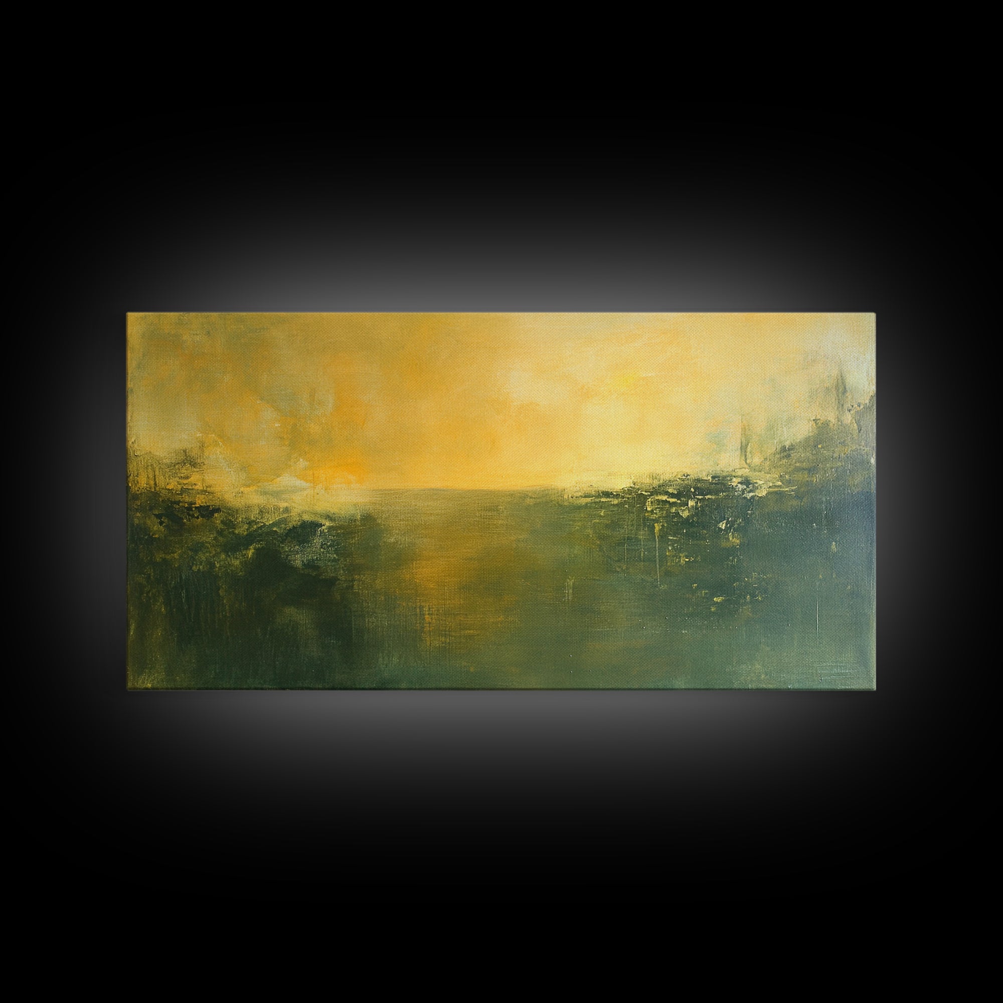 Abstract Landscape, Moody Art, Horizon Painting, Green Wall Art, Extra Wide Art, Panoramic Art, Framed Canvas Print, Living Room Art