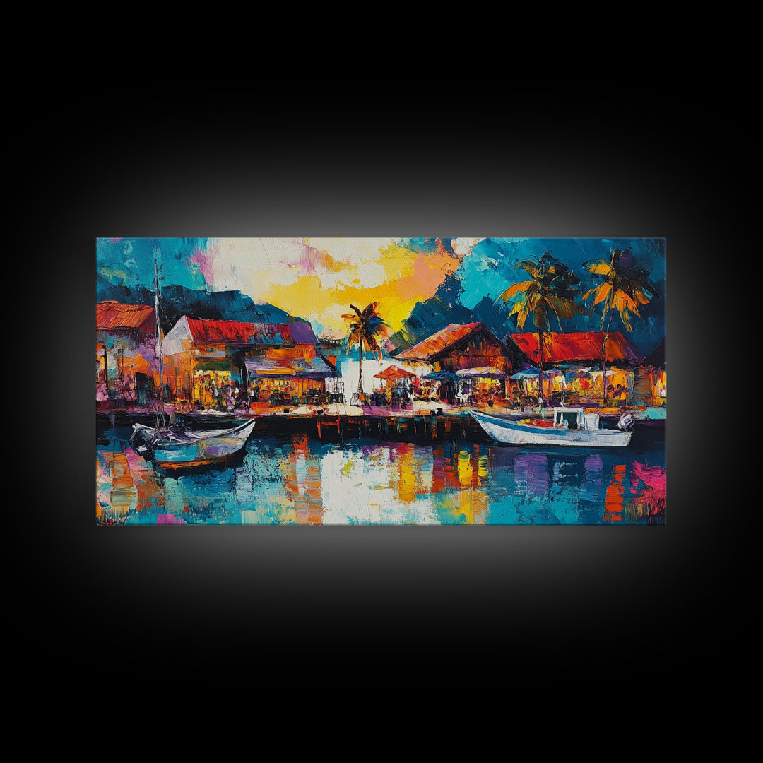 Coastal Village Painting, Nautical Wall Art, Tropical Landscape Art, Vibrant Art, Beach House Decor, Extra Wide Art, Canvas Print
