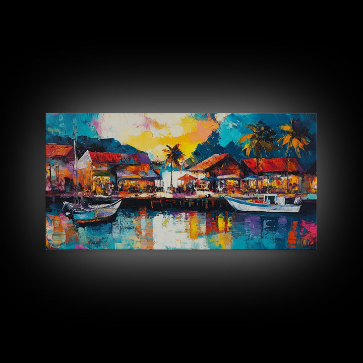 Coastal Village Painting, Nautical Wall Art, Tropical Landscape Art, Vibrant Art, Beach House Decor, Extra Wide Art, Canvas Print
