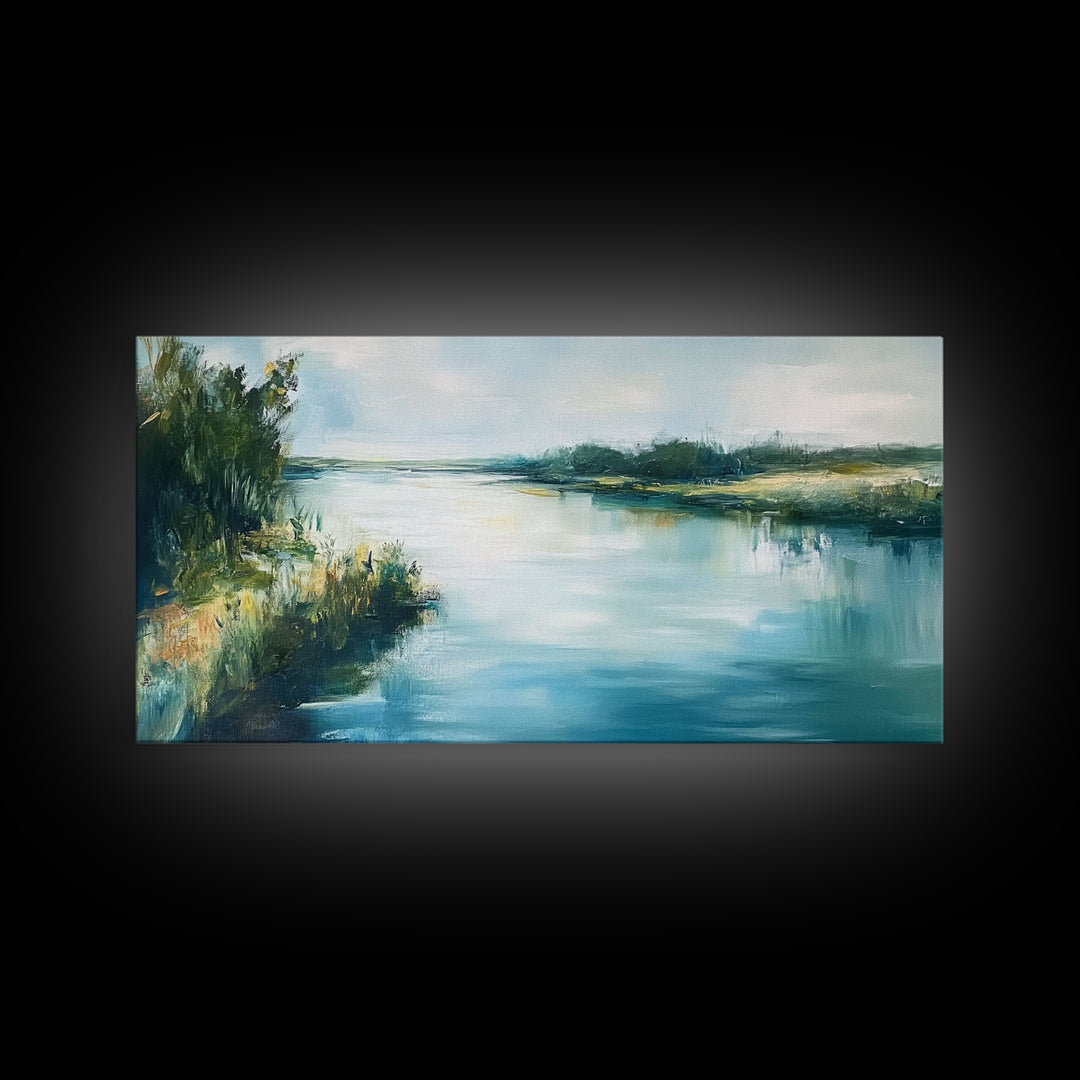 River Reflection, landscape painting, rustic wall art, sage green wall art, farmhouse art, coastal art, extra wide art, Canvas Print
