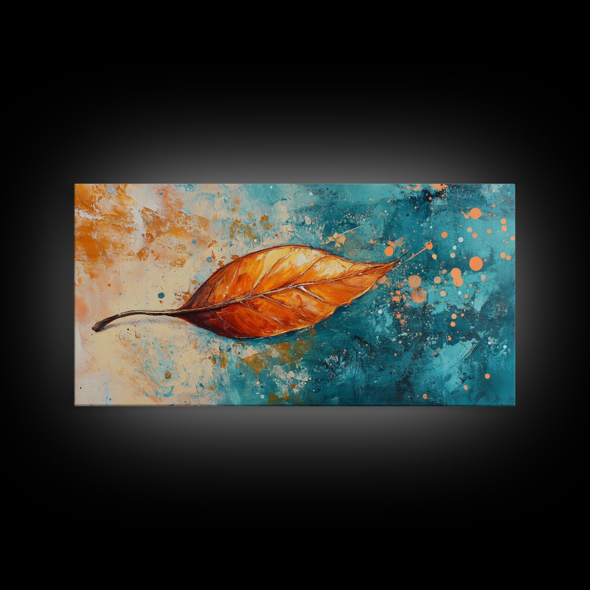 Autumn Leaf, fall painting, teal wall art, botanical prints, moody art, textured painting, gift idea for her, Canvas Print