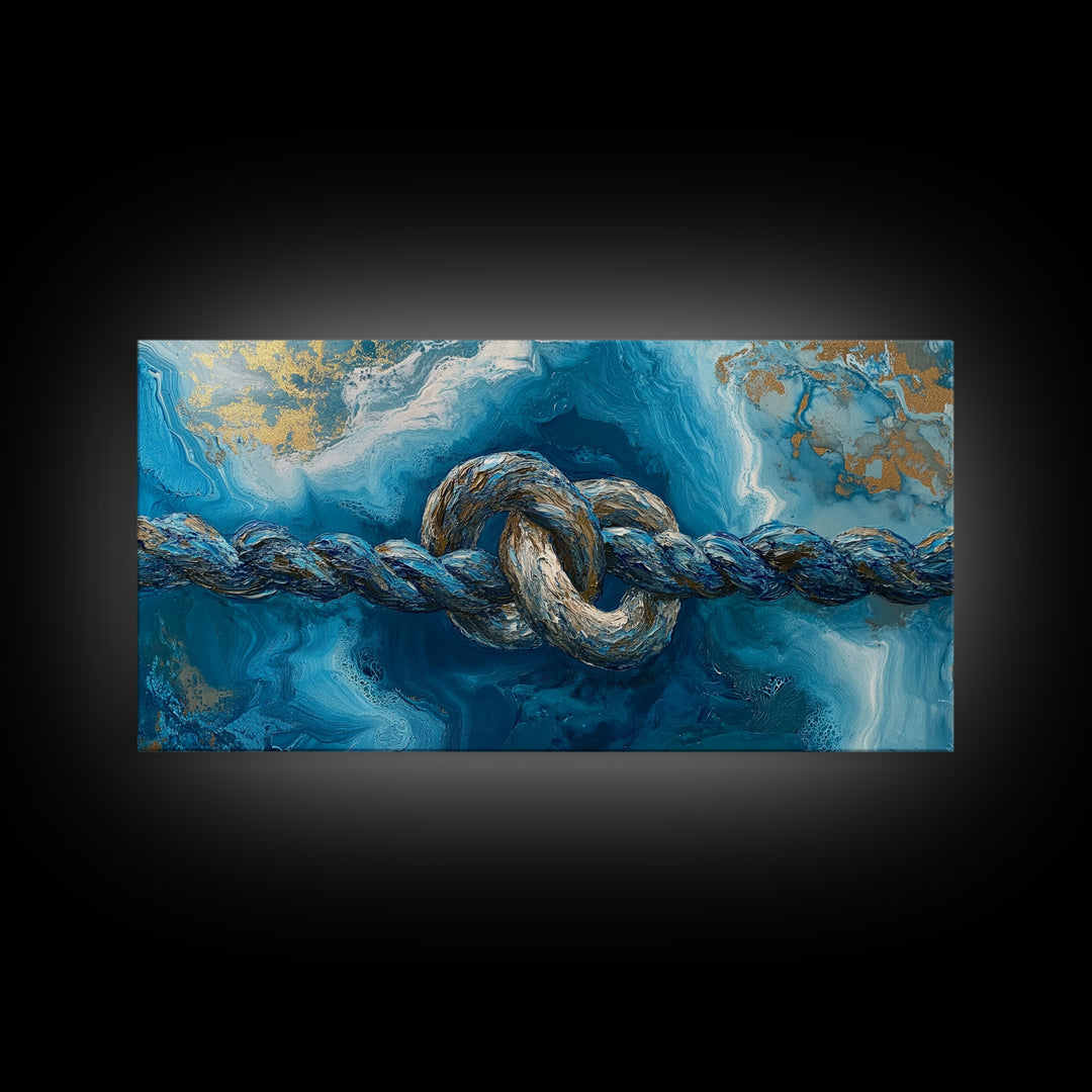 Ocean Rope, nautical decor, blue and gold wall art, coastal painting, seascape painting, horizontal wall art, Framed Canvas Print