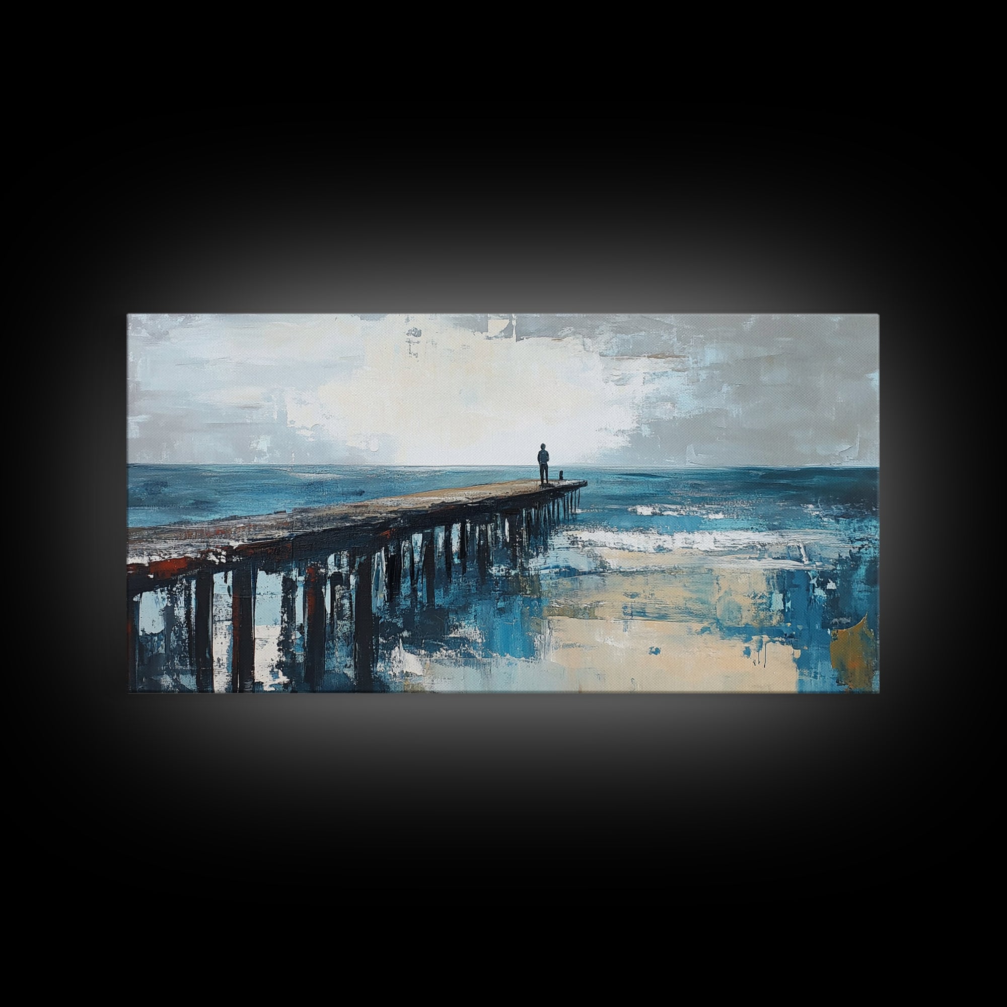 Pier at Dusk, moody art, coastal wall art, ocean painting, nautical painting, wabi sabi art, panoramic art, Canvas Print, seascape