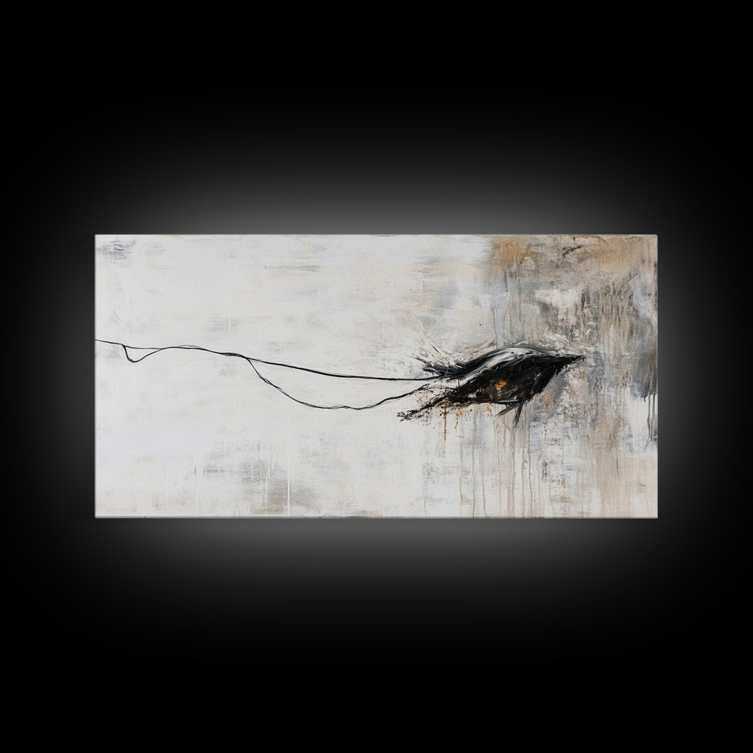 Abstract Crow, dark romance painting, gothic decor, minimalist art, moody art, black and white wall art, Canvas Print, wabi sabi art