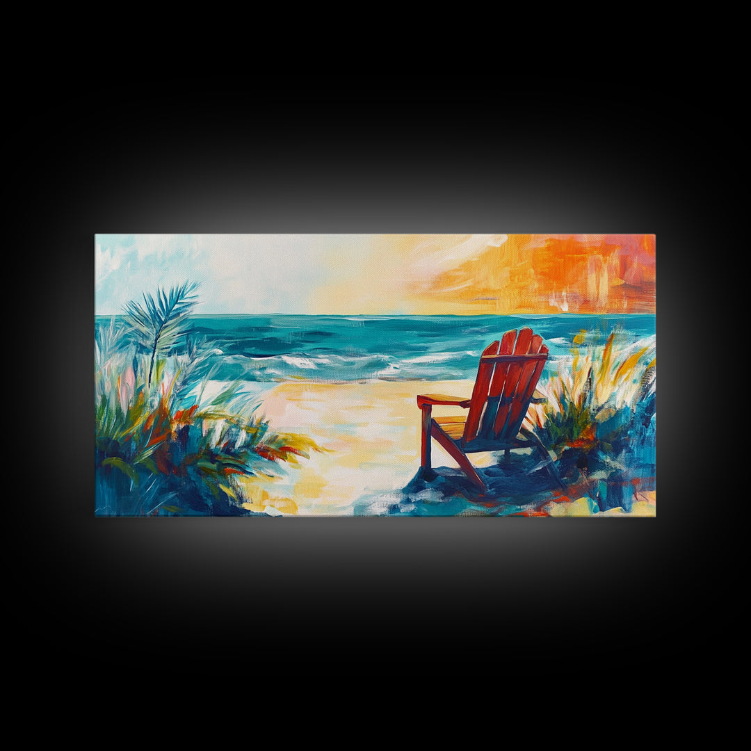 Beach Chair, Coastal Painting, Nautical Wall Art, Ocean Painting, Seascape Painting, Framed Canvas Print, Extra Wide Art, Coastal Decor