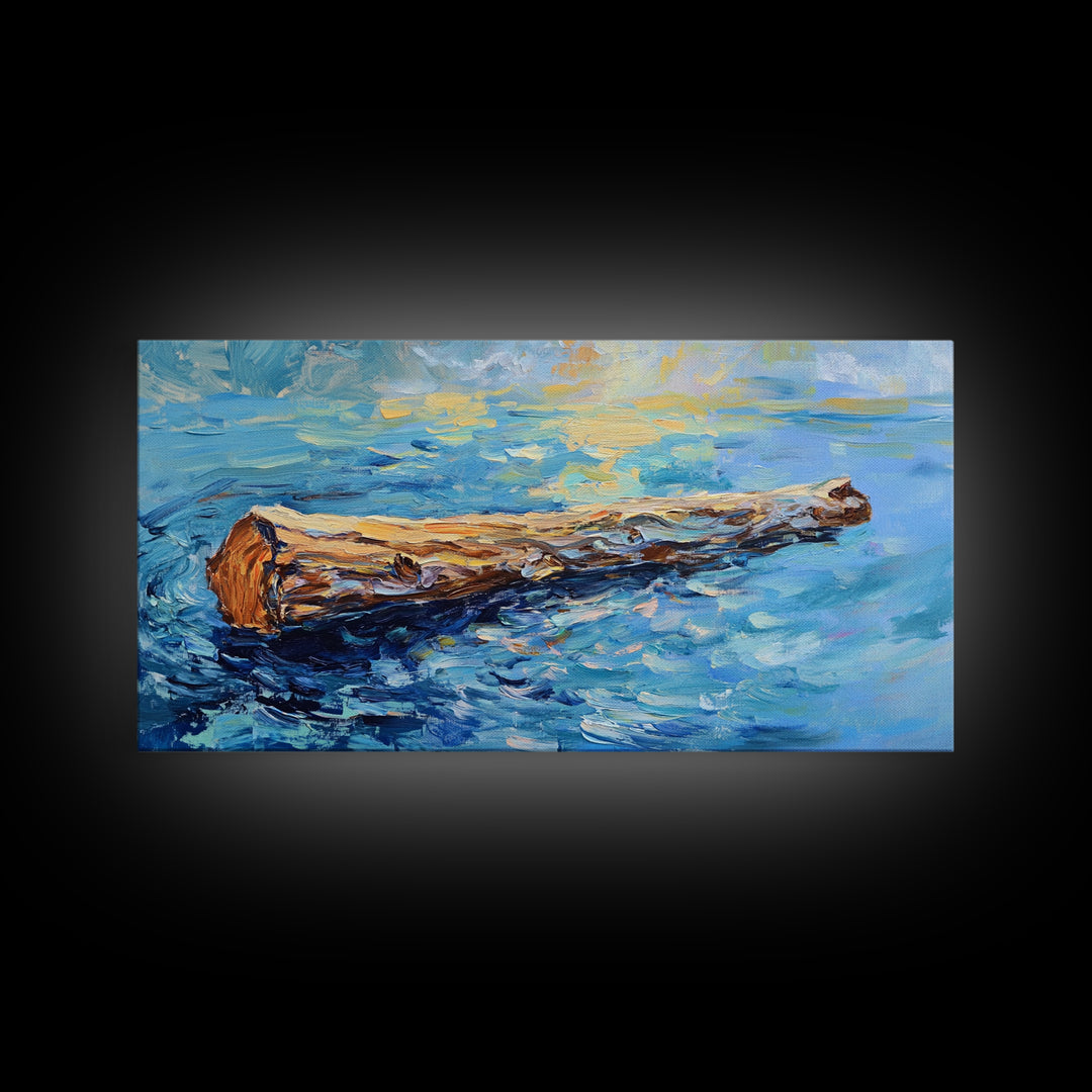 Drifting Log, rustic art, coastal painting, seascape painting, panoramic art, landscape painting, Framed Canvas Print,